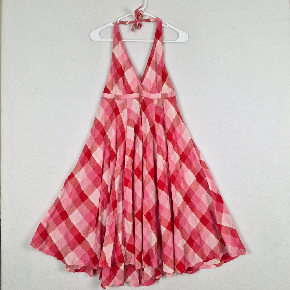 H&M Pink Red Gingham Check Medium Halter Dress Cotton V-Neck Smocked Back Retro